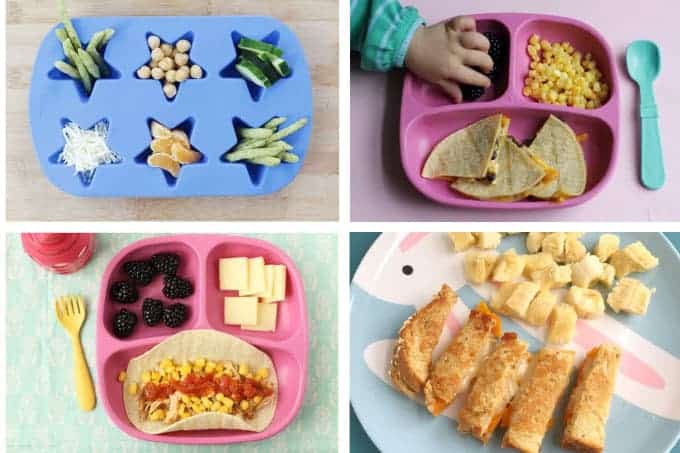4 toddler meals in grid with snack plate and quesadillas