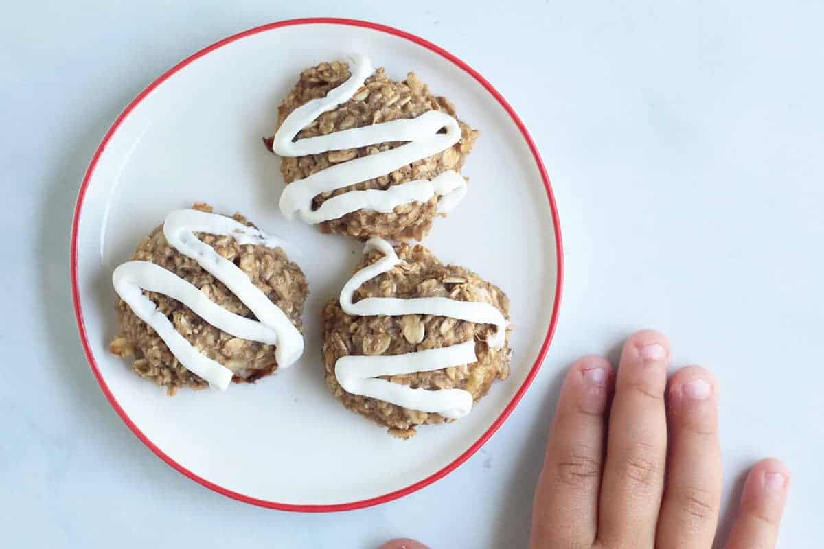 healthy banana cookies with toddler hand