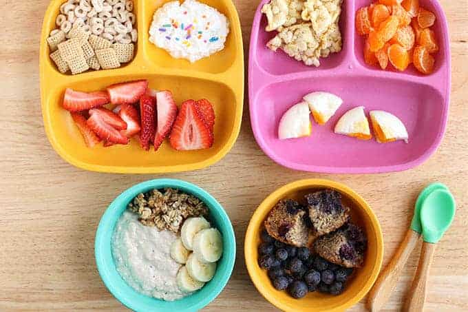 4 toddler breakfast ideas including cereal, eggs, overnight oats, and muffins