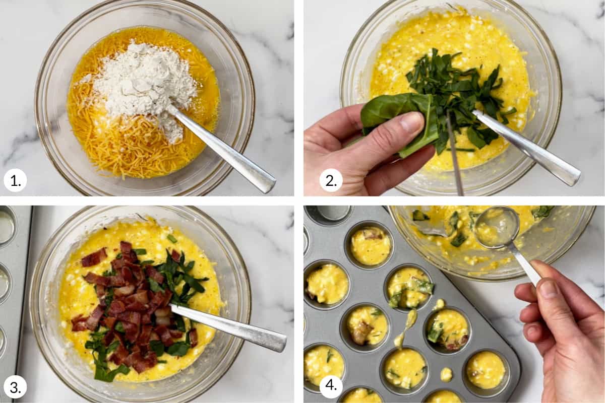 how to make bacon and egg muffins in grid of four images.