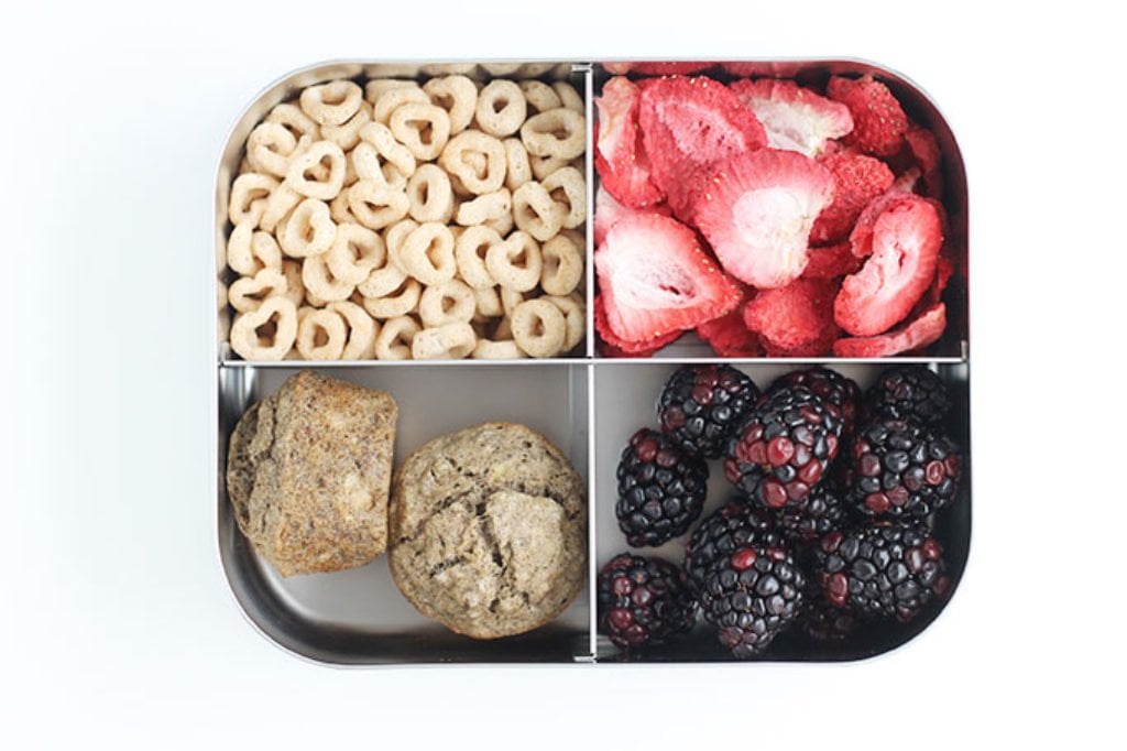 toddler lunch box with berries and muffins