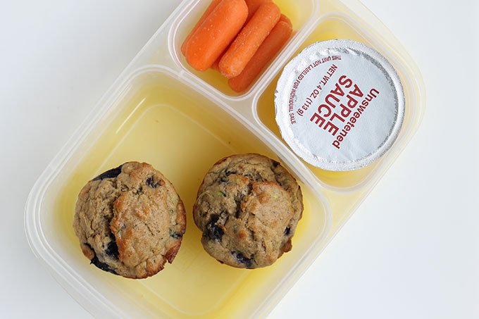 blueberry muffins and applesauce in lunchbox