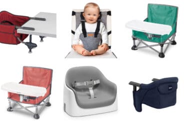 portable travel highchairs in grid of 6 images.