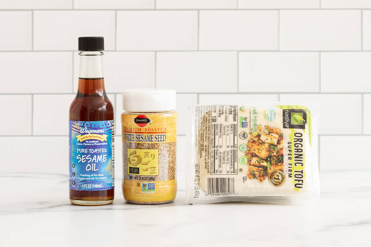ingredients in sesame tofu on counter.