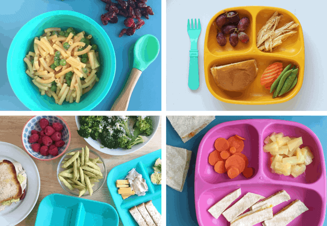 easy toddler meals grid with mac and cheese, sandwich and quesadills